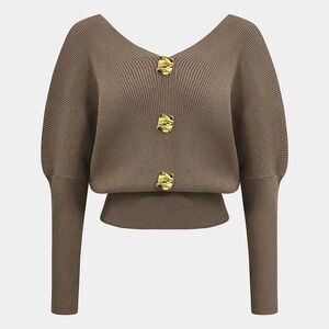 Micas Solid Button V-Neck Sweater Long-Sleeve Top